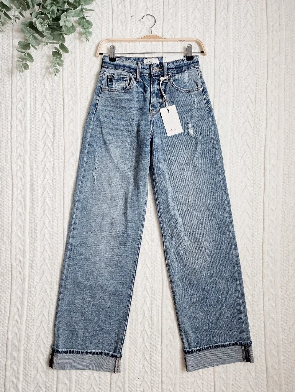 KanCan High Rise Medium Wash Wide Leg Jeans Cuffed Denim Stretch Trendy 1/24 NEW